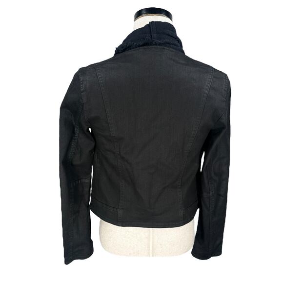 Free People Drape Front Moto Jacket Women’s 8 Black Denim Cotton Long Sleeve - Picture 6 of 11